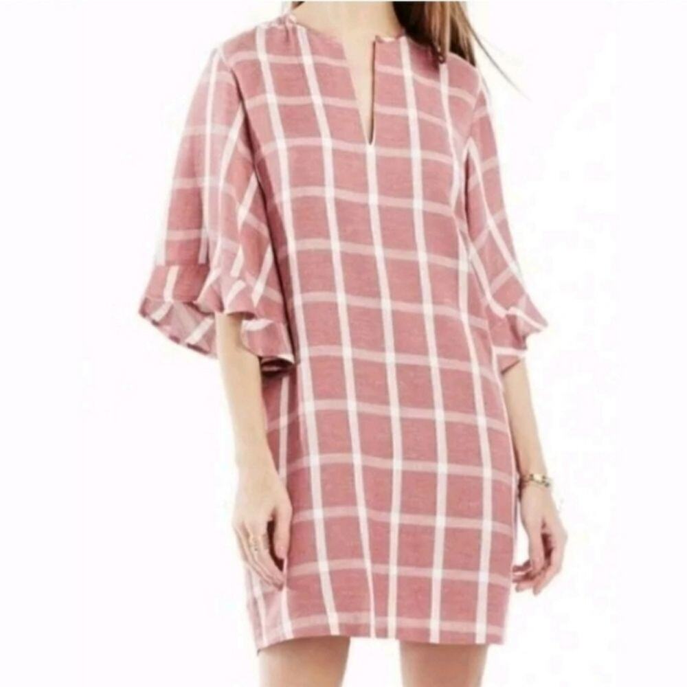 BCBGMAXAZRIA Tati Maroon Plaid V‎ Neck Dress Size Small